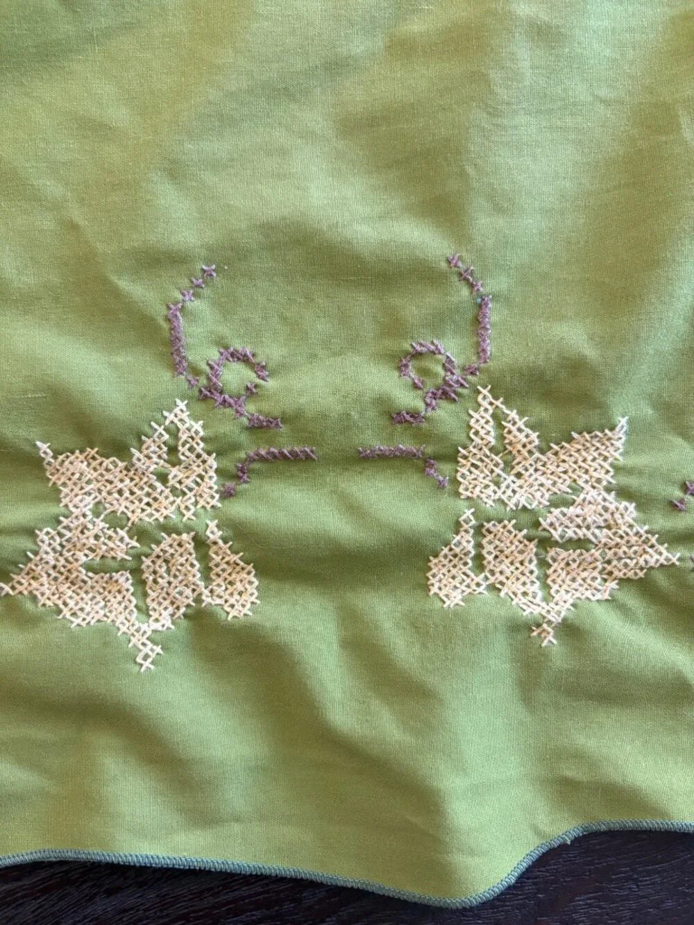 Vtg Hand Embroidered Avocado Green Tablecloth Oval 82 x 56 MCM Grapevine